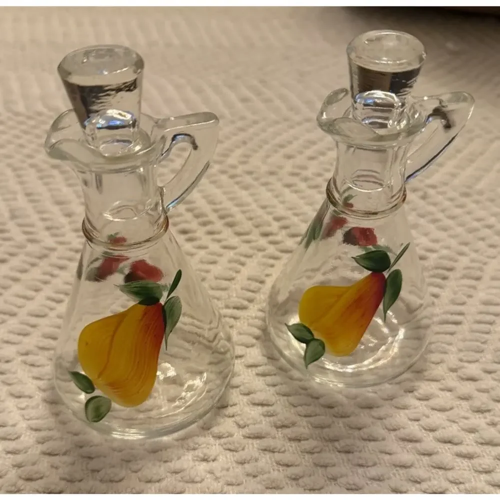 Vintage Set HAZEL ATLAS Cruets Oil & Vinegar Fruit Motif 3661/66